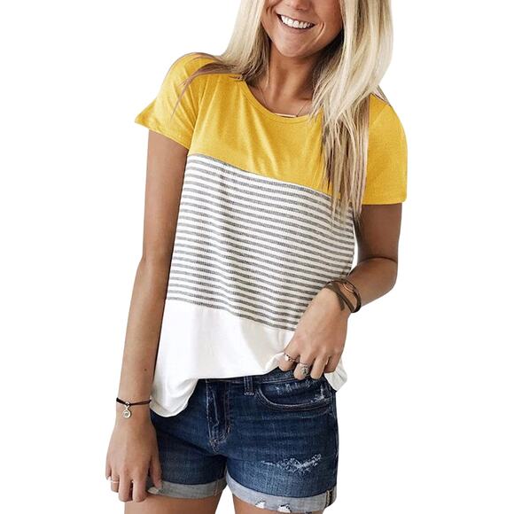 YunJey Yellow Gray White Tri Color Block Stripe Short Sleeve Top Plus 2XL Womens - Picture 1 of 13